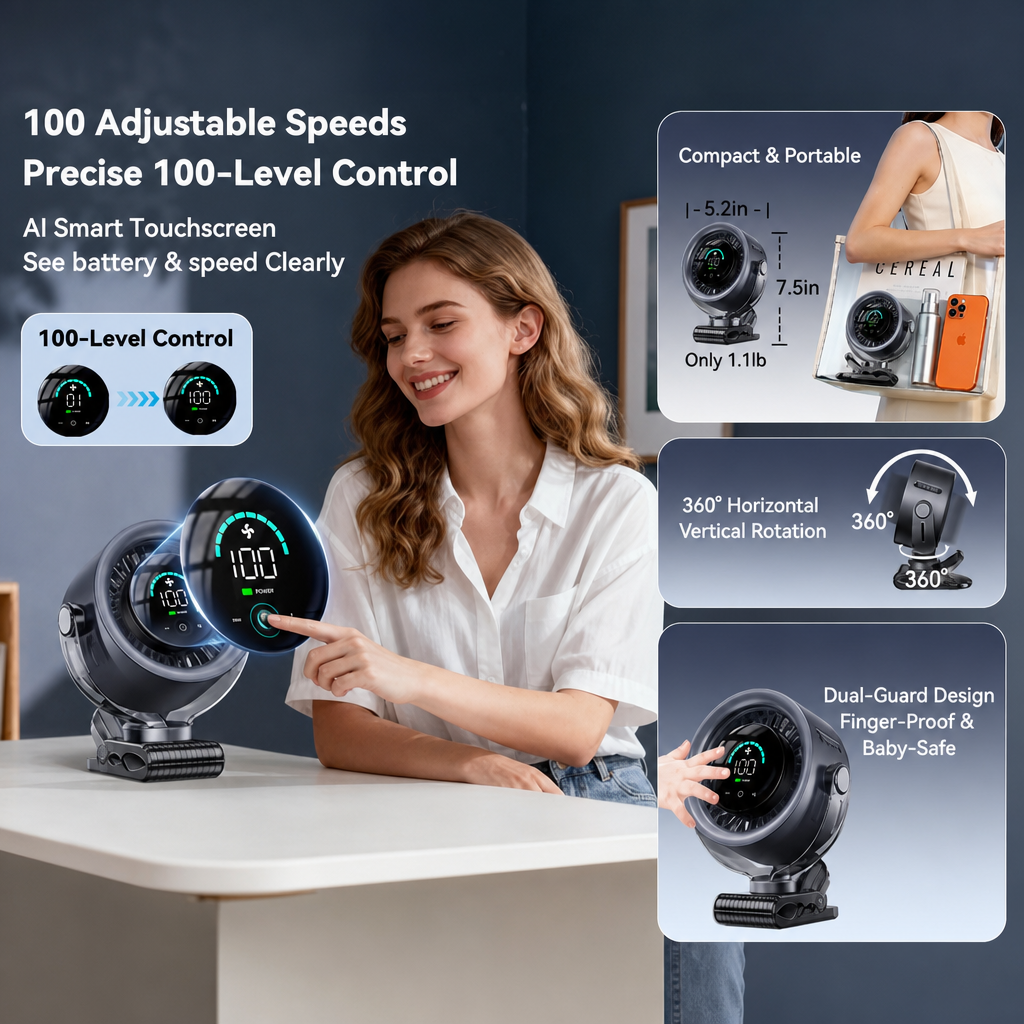 Rechargeable Clip-On Portable Fan - Flexible Tripod Fan for Car, Stroller & Desk