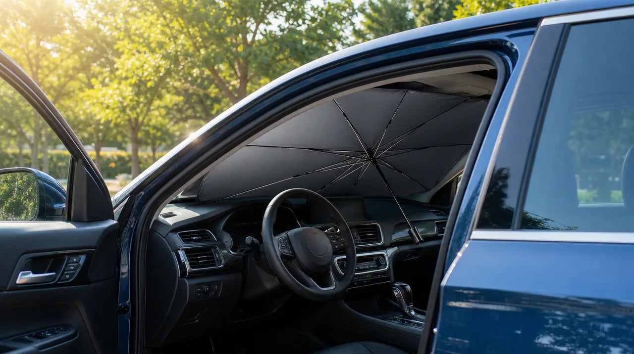 Car windshield sunshade opened in parked car