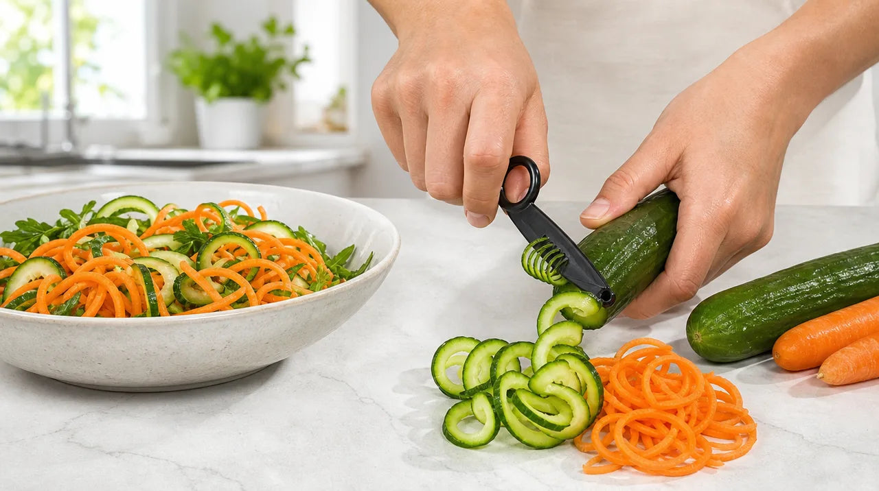 Spiral peeler creating vegetable curls