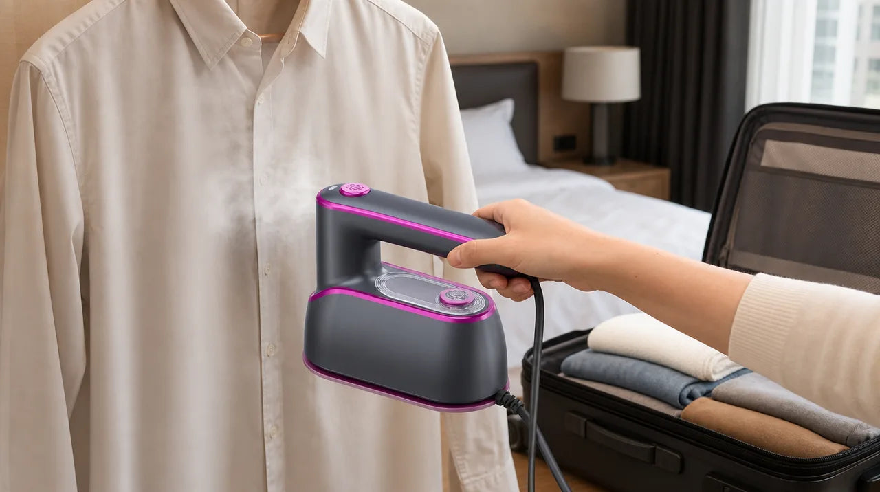 Portable steamer smoothing a shirt