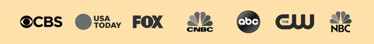 Featured media logos: CBS, USA Today, FOX, CNBC, ABC, The CW, NBC